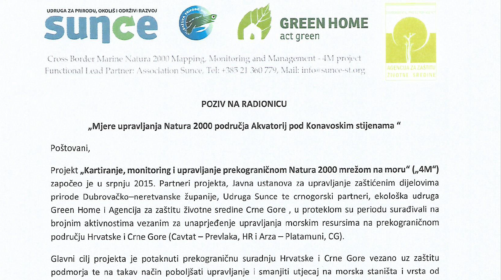4M - poziv na radionicu „Mjere upravljanja Natura 2000 područja Akvatorij pod Konavoskim stijenama “